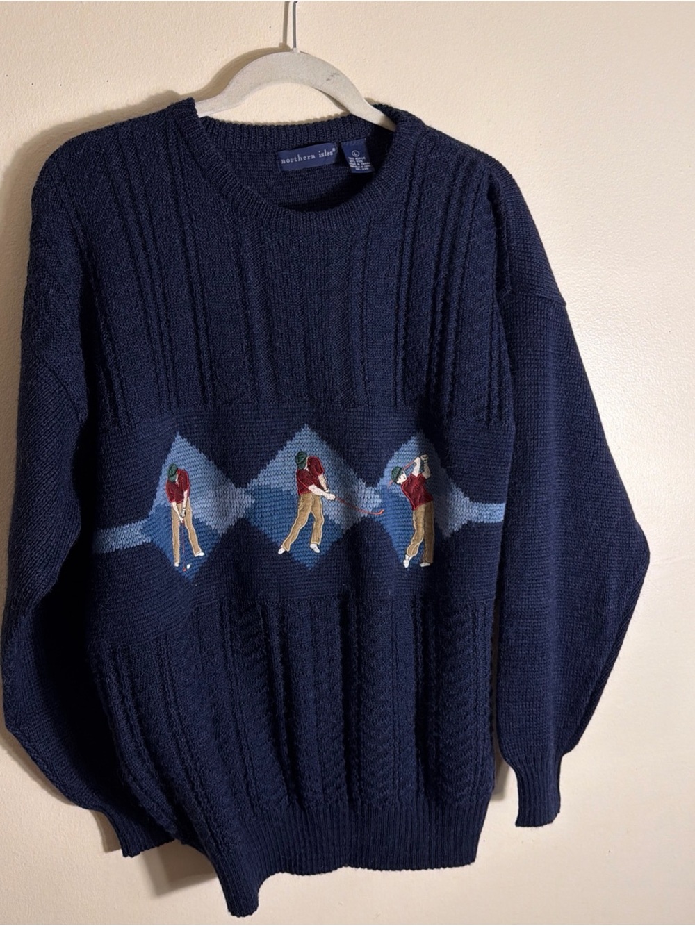Vng Northern Isles Navy Golf Players Embellish CableKnit Wool Sweater Men's Sz L